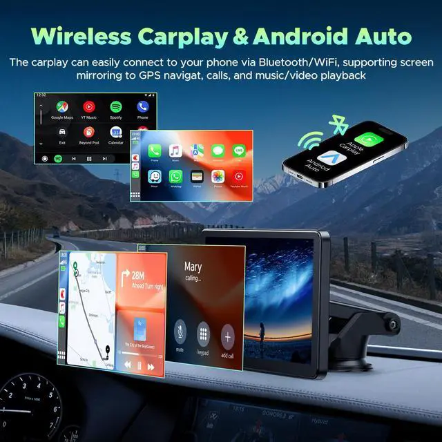 Alt view image 4 of 7 - LAMTTO Portable Wireless Car Stereo Apple Carplay&Android Auoto, 7" HD Touch Screen Car Stereo for Vehicle,  with Backup Camera, FM, AUX, Voice Control, GPS