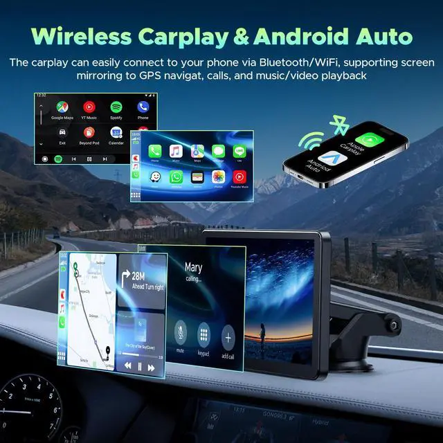 Alt view image 3 of 7 - LAMTTO Portable Wireless Car Stereo Apple Carplay&Android Auoto, 7" HD Touch Screen Car Stereo for Vehicle,  with Backup Camera, FM, AUX, Voice Control, GPS