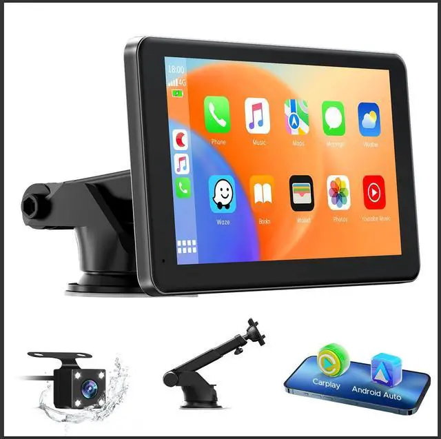 Main image of LAMTTO Portable Wireless Car Stereo Apple Carplay&Android Auoto, 7" HD Touch Screen Car Stereo for Vehicle,  with Backup Camera, FM, AUX, Voice Control, GPS