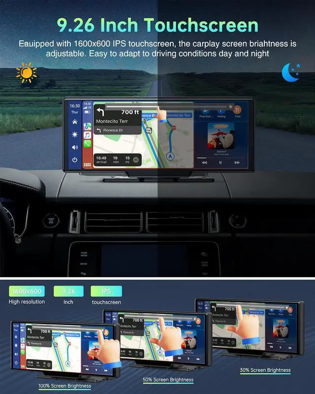 Alt view image 5 of 7 - CAMPARK Wireless Apple Carplay Car Stereo Receiver, Portable Carplay Screen GPS Navigation for Cars, 9.26 Inch Touch Screen Car Audio Receiver with Siri Assistant, Bluetooth