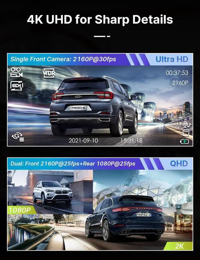 Alt view image 3 of 7 - CAMPARK 4K Dash Cam Front and Rear 3 inch Dual Dash Camera, with 1080P Waterproof Car Camera, Loop Recording, G-Sensor Function, Motion Detection, Parking Monitor, WDR