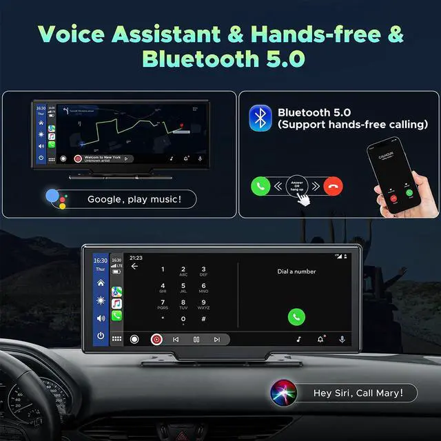 Alt view image 3 of 7 - LAMTTO 10.26 Inch Wireless Car Stereo, Carplay Screen for Car with 2.5K Dash Cam,1080P Backup Camera, Portable GPS Navigation for Car with Carplay,Android Auto,Mirror Link,AUX/FM