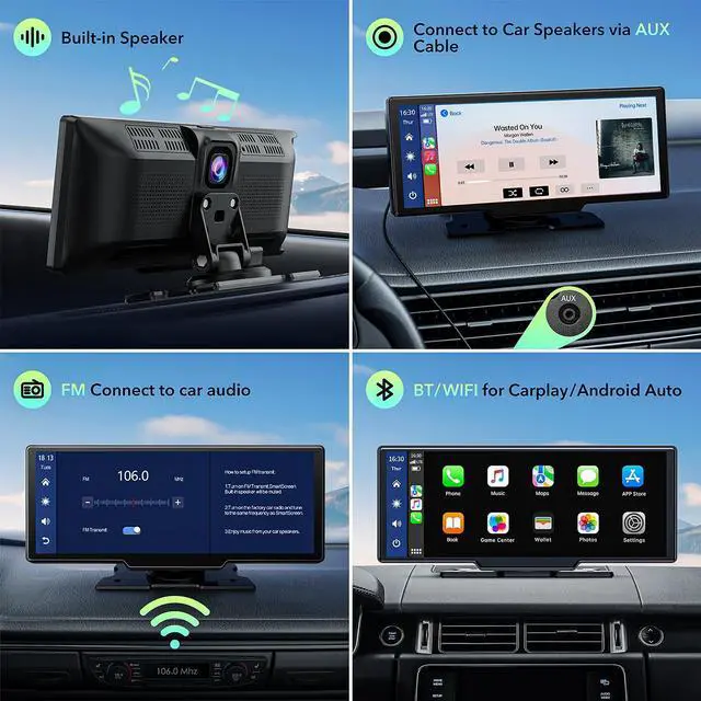 Alt view image 4 of 7 - LAMTTO 10.26 Inch Wireless Car Stereo, Carplay Screen for Car with 2.5K Dash Cam,1080P Backup Camera, Portable GPS Navigation for Car with Carplay,Android Auto,Mirror Link,AUX/FM