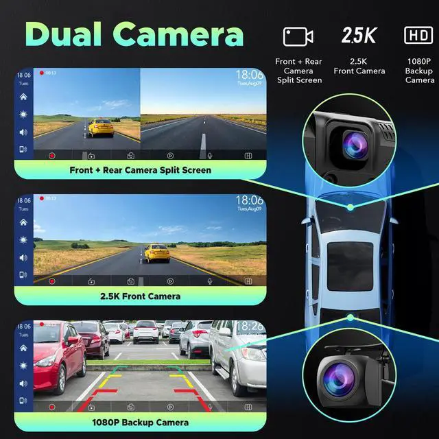 Alt view image 2 of 7 - LAMTTO 10.26 Inch Wireless Car Stereo, Carplay Screen for Car with 2.5K Dash Cam,1080P Backup Camera, Portable GPS Navigation for Car with Carplay,Android Auto,Mirror Link,AUX/FM
