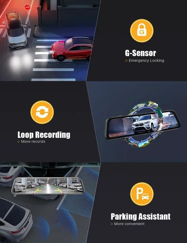 Alt view image 2 of 7 - CAMPARK 2.5K Mirror Dash Cam for Car, Dual Dash Camera Front and Rear w/12" Full Touch Screen, Rear View Mirror Camera, 1080P Waterproof Reverse Backup Camera, Parking Assist, Loop Recording, G-Sensor