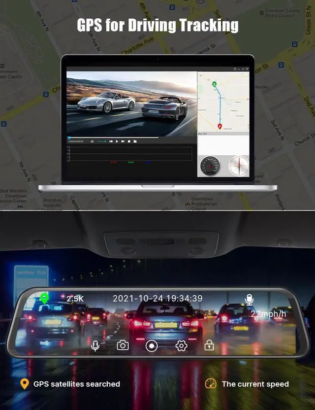 Alt view image 3 of 7 - CAMPARK 2.5K Mirror Dash Cam for Car, Dual Dash Camera Front and Rear w/12" Full Touch Screen, Rear View Mirror Camera, 1080P Waterproof Reverse Backup Camera, Parking Assist, Loop Recording, G-Sensor