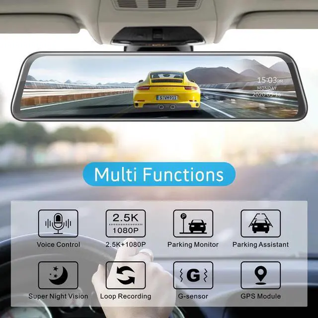 Alt view image 7 of 7 - CAMPARK 2.5K Mirror Dash Cam for Car, Dual Dash Camera Front and Rear w/12" Full Touch Screen, Rear View Mirror Camera, 1080P Waterproof Reverse Backup Camera, Parking Assist, Loop Recording, G-Sensor