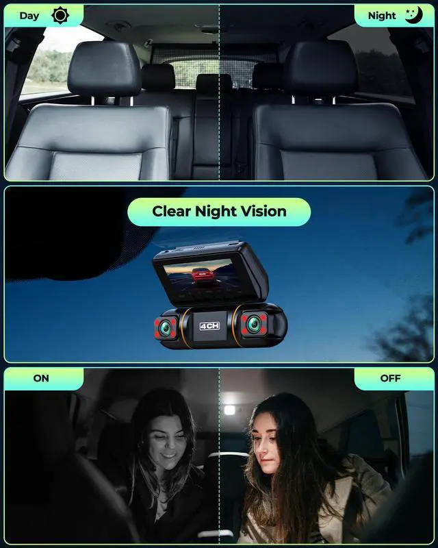 Alt view image 4 of 7 - LAMTTO 4 Channel Dash Cam Front and Rear Inside, 1080p FHD 360 Degree View Dash Camera for Cars Left Right, 24H Security Parking Monitor with Dashcam Hardwire Kit, IR Night Vision, Free 128GB Card