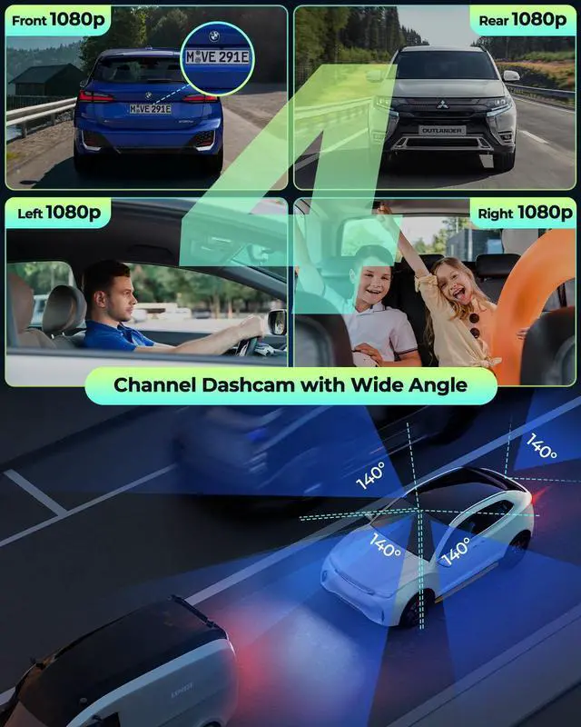 Alt view image 3 of 7 - LAMTTO 4 Channel Dash Cam Front and Rear Inside, 1080p FHD 360 Degree View Dash Camera for Cars Left Right, 24H Security Parking Monitor with Dashcam Hardwire Kit, IR Night Vision, Free 128GB Card