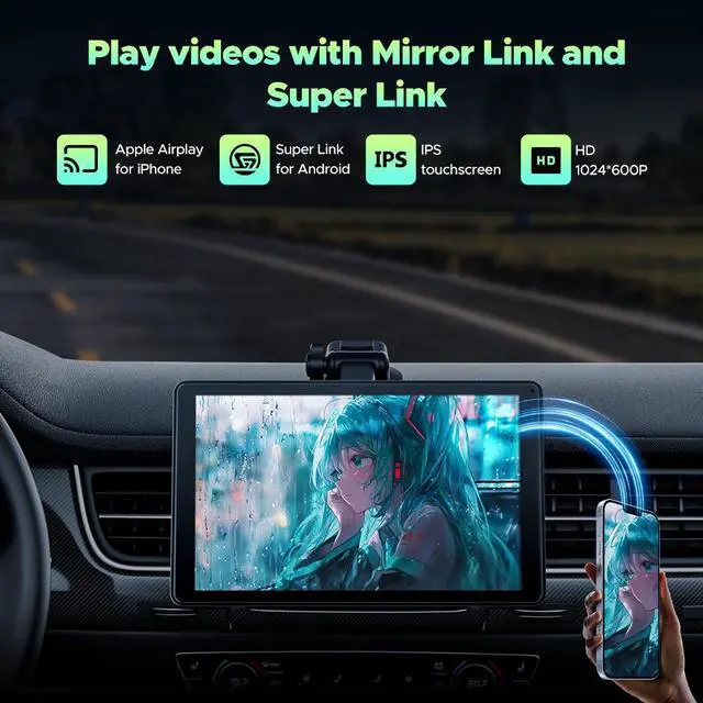 Alt view image 5 of 7 - Lamtto 7 inch Wireless Apple Carplay and Android Auto,Portable Touch Carplay Screen for Car, with Bluetooth, FM, GPS Navigation, Siri/Google