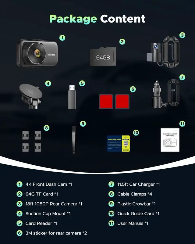 Alt view image 7 of 7 - Lamtto Dual Dash Cam Front and Rear, Free 64GB Card Included, 5G WiFi App, 4K 2160P/FHD Dash Camera for Cars, 3" IPS, Night Vision, Emergency Lock