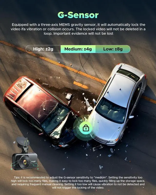 Alt view image 5 of 7 - Lamtto Dual Dash Cam Front and Rear, Free 64GB Card Included, 5G WiFi App, 4K 2160P/FHD Dash Camera for Cars, 3" IPS, Night Vision, Emergency Lock