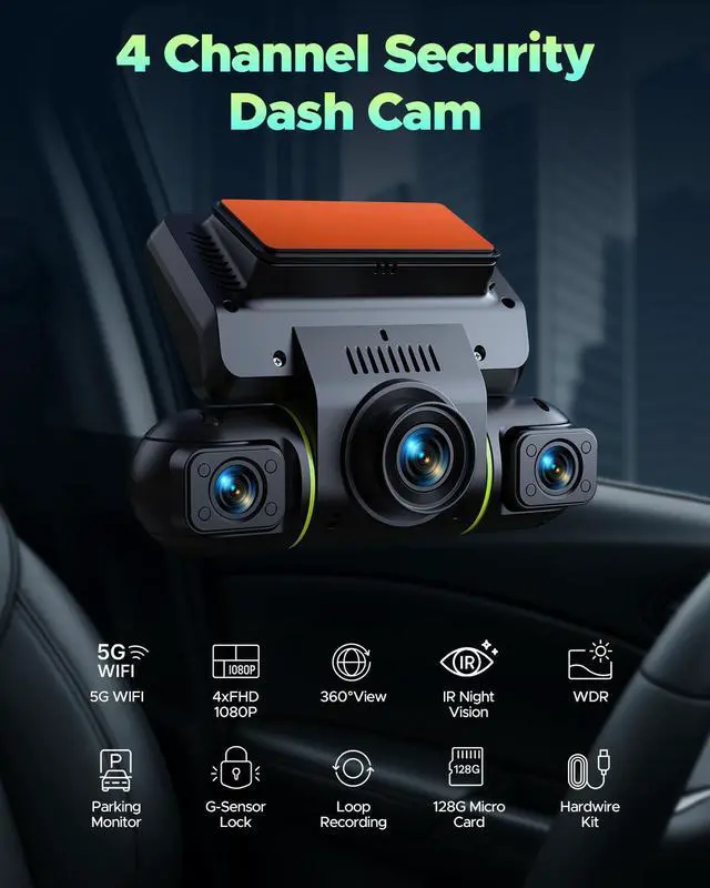 Alt view image 2 of 7 - LAMTTO 4 Channel Dash Cam Front and Rear Inside, 1080p FHD 5G Wifi Dash Camera for Cars Left Right, 24H Security Parking Monitor with Dashcam Hardwire Kit, IR Night Vision, Free 128GB Card