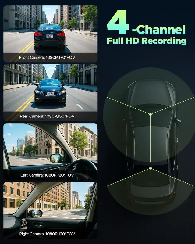 Alt view image 3 of 7 - LAMTTO 4 Channel Dash Cam Front and Rear Inside, 1080p FHD 5G Wifi Dash Camera for Cars Left Right, 24H Security Parking Monitor with Dashcam Hardwire Kit, IR Night Vision, Free 128GB Card