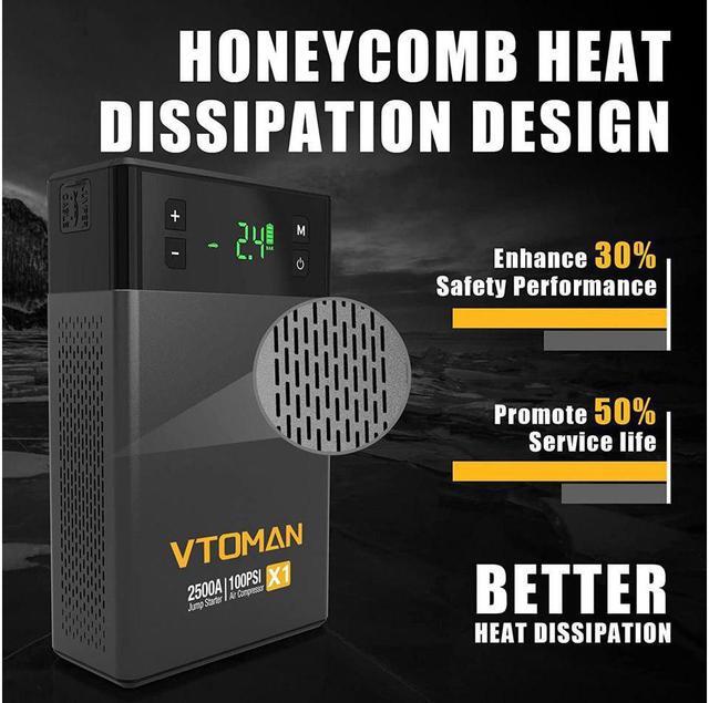 Alt view image 4 of 7 - VTOMAN X1 Car Jump Starter with Air Compressor, 2500A Battery Starter with 100PSI Digital Tire Inflator, 12V Lithium Jump Box, LIFEBMS Car Battery Booster for 8.5L Gas or 6.0L Diesel Engines