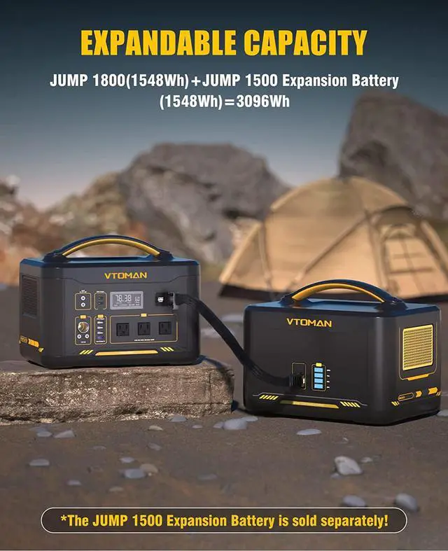 Alt view image 4 of 7 - VTOMAN Portable Power Station 1800W, 1548Wh LiFePO4 Battery Power Station with Expandable Capacity, 1800W Constant-Power Battery Generator with Dual PD 100W Type-C & Regulated 12V/10A DC