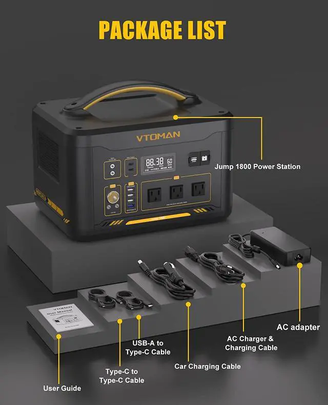 Alt view image 7 of 7 - VTOMAN Portable Power Station 1800W, 1548Wh LiFePO4 Battery Power Station with Expandable Capacity, 1800W Constant-Power Battery Generator with Dual PD 100W Type-C & Regulated 12V/10A DC