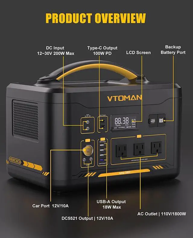 Alt view image 5 of 7 - VTOMAN Portable Power Station 1800W, 1548Wh LiFePO4 Battery Power Station with Expandable Capacity, 1800W Constant-Power Battery Generator with Dual PD 100W Type-C & Regulated 12V/10A DC