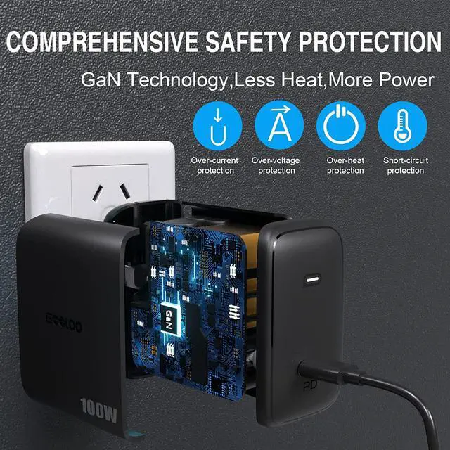 Alt view image 3 of 7 - GOOLOO 100W PD GaN2 Fast Wall Charger Block with 6.6ft Cable, Compatible with MacBook iPad iPhone 14/13 Series and More, SuperSafe Type C Charger for GT3000/GT4000/GT4000S GOOLOO Jump Starter