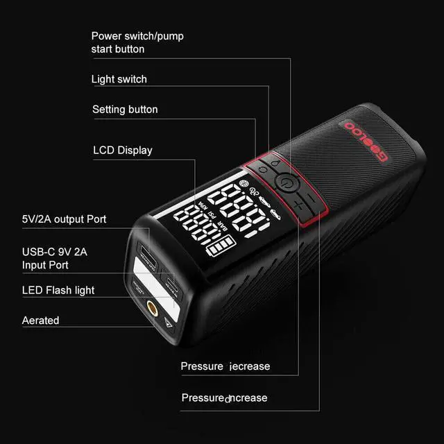 Alt view image 6 of 6 - GOOLOO GT160 Portable Air Compressor, 160PSI Portable Tire Inflator for Car, 7500mAh Cordless Air Pump with Digital Pressure Suitable for Cars, Bikes, Balls, Motorcycles