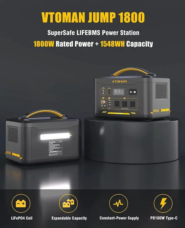 Alt view image 3 of 7 - VTOMAN Jump 1800 Portable Power Station with Extra Battery, 1800W 3096Wh LiFePO4 Power Station with 1800W Pure Sine Wave AC Outlet, Regulated 12V DC, PD 100W Type-C, for Home Backup & RV/Van Travel