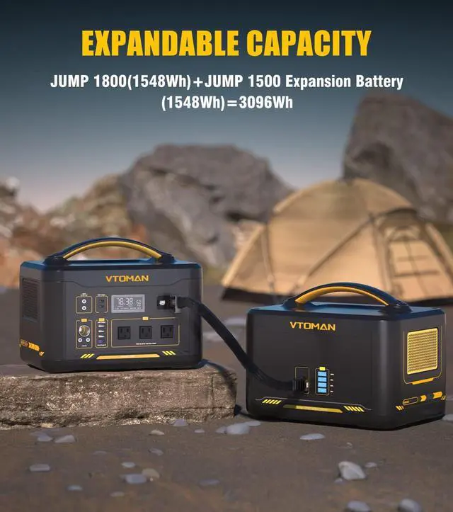 Alt view image 5 of 7 - VTOMAN Jump 1800 Portable Power Station with Extra Battery, 1800W 3096Wh LiFePO4 Power Station with 1800W Pure Sine Wave AC Outlet, Regulated 12V DC, PD 100W Type-C, for Home Backup & RV/Van Travel