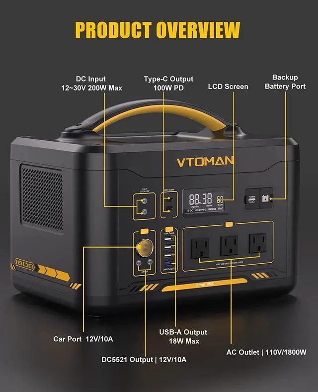 Alt view image 6 of 7 - VTOMAN Jump 1800 Portable Power Station with Extra Battery, 1800W 3096Wh LiFePO4 Power Station with 1800W Pure Sine Wave AC Outlet, Regulated 12V DC, PD 100W Type-C, for Home Backup & RV/Van Travel