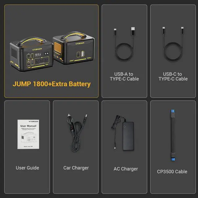 Alt view image 7 of 7 - VTOMAN Jump 1800 Portable Power Station with Extra Battery, 1800W 3096Wh LiFePO4 Power Station with 1800W Pure Sine Wave AC Outlet, Regulated 12V DC, PD 100W Type-C, for Home Backup & RV/Van Travel