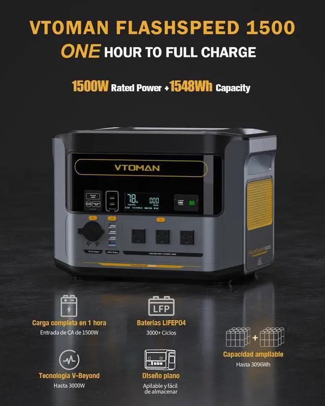 Alt view image 2 of 7 - VTOMAN FlashSpeed 1500 Portable Power Station 1500W (3000W Peak), 1548Wh Backup LFP Battery Generator, Expandable To 3096Wh, Recharge 0-100% within 1 Hour, for Electric Backup & Blackout Emergency