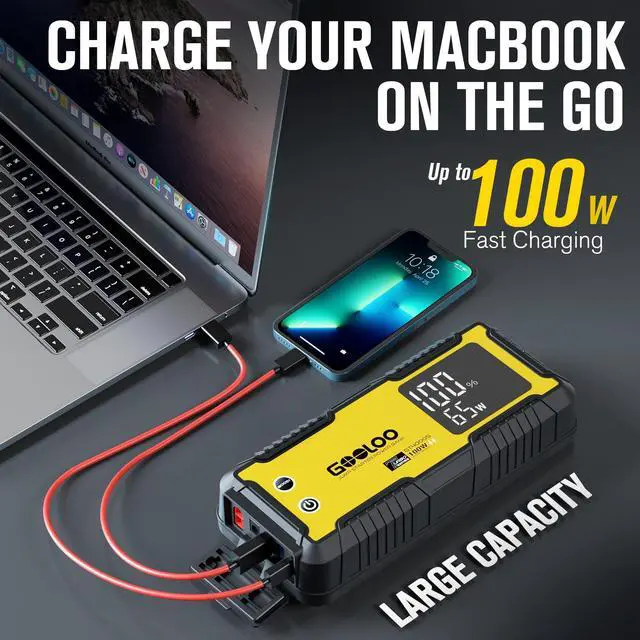 Alt view image 7 of 7 - GOOLOO GT4000S Jump Starter 4000A Car Jumper Starter (Up to 10L Diesel 12L Gas Engines), 100W Fast-Charging Lithium Jump Box, SuperSafe Portable Car Battery Charger Power Bank for 12V Vehicles, Yellow
