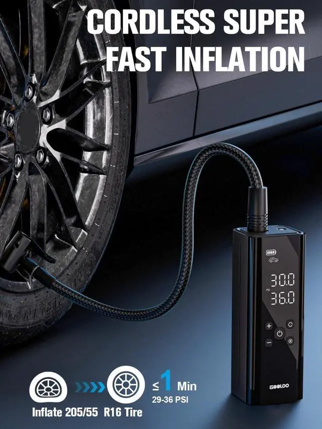 Alt view image 2 of 7 - GOOLOO GT150 Tire Inflator Portable Air Compressor - Upgraded 150PSI & 2X Faster Air Pump for Car Tires with Auto-Shutoff, Cordless Air Pump for Cars, Bikes, Balls, Motorcycles, Bright LED Screen