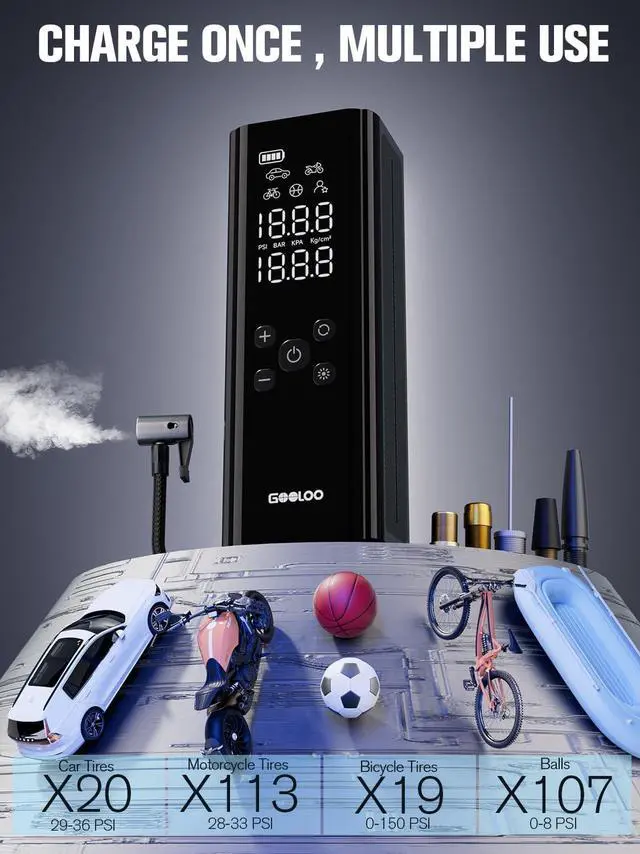 Alt view image 4 of 7 - GOOLOO GT150 Tire Inflator Portable Air Compressor - Upgraded 150PSI & 2X Faster Air Pump for Car Tires with Auto-Shutoff, Cordless Air Pump for Cars, Bikes, Balls, Motorcycles, Bright LED Screen