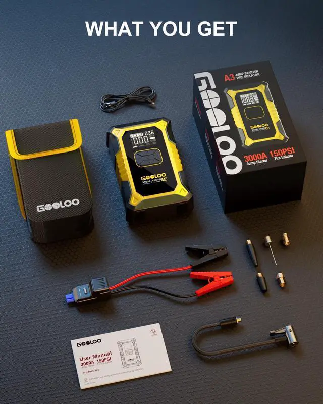 Alt view image 7 of 7 - GOOLOO A3 Jump Starter with Air Compressor, 3000A Portable Car Battery Jumper Starter (9.0 Gas/6.5L Diesel) with 150PSI Auto-Shutoff Tire Inflator, 12V Supersafe Lithium Jump Box Car Booster, Yellow