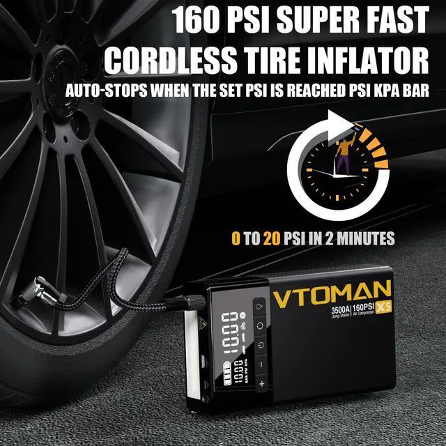 Alt view image 3 of 7 - VTOMAN X7 Jump Starter with Air Compressor, 4250A Portable Car Jumper with 160PSI Digital Tire Inflator,12V Lithium Battery Charger Booster Box with Type-C Quick Charge (Up 10L Gas/10L Diesel Engine)