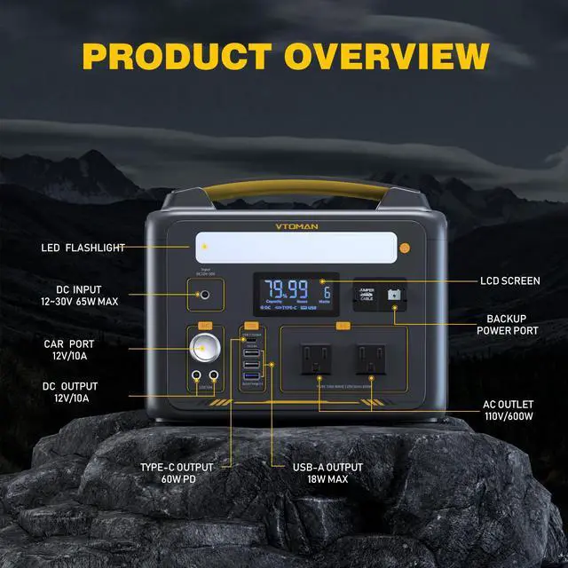 Alt view image 7 of 7 - VTOMAN Jump 600X 600W Portable Power Station with 110W Panel, 299Wh Battery Powered Station for Camping, Road Trip, Fishing, Home Backup, Emergency