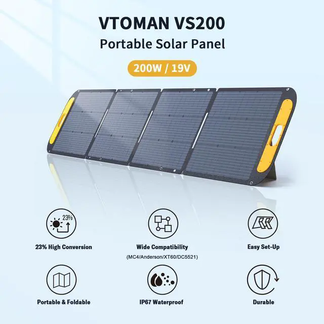 Alt view image 2 of 7 - VTOMAN VS200 Portable Solar Panel for Power Station, 200W 19V Foldable Solar Panel w/Supporting Stand, High 23% Efficiency IP67 Waterproof Solar Panel Kit for Backyard Trip Off Grid System