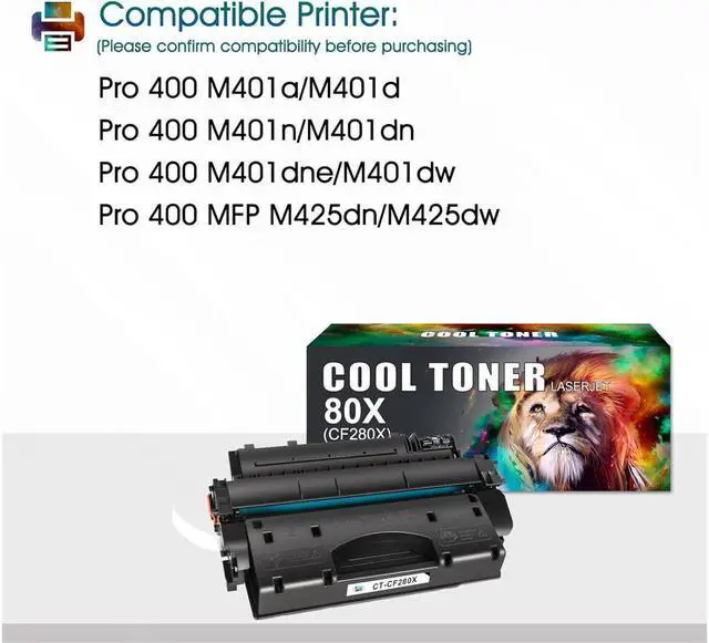 Alt view image 3 of 5 - Cool Toner Compatible Toner Cartridge Replacement for 80X CF280X 80A CF280A Laserjet Pro 400 M401n MFP M425dn M401dne M401dn M401dw M425dw Laserjet Pro 400 Toner M401 M425 Printer (Black, 2-Pack)