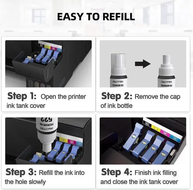 Alt view image 3 of 5 - PACITEK Compatible Refill Ink Bottle Replacement for 522 T522 T522120 Use with EcoTank ET-2720 ET-2710 ET-4700 Printer (2Black, 1Cyan, 1Magenta, 1Yellow)
