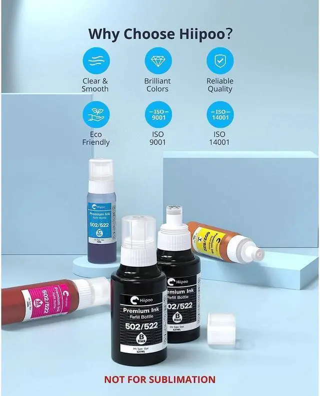 Alt view image 5 of 5 - Hiipoo Compatible 502 T502 522 T522 (Not for Sublimation) Ink Refill Bottles Replacement for Ecotank ET-2720 ET-2760 ET-2800 ET-2803 ET-2750 ET-4700 ET-3750 ET-4750 ET-3760 ET-4760 ET-2700 Printer