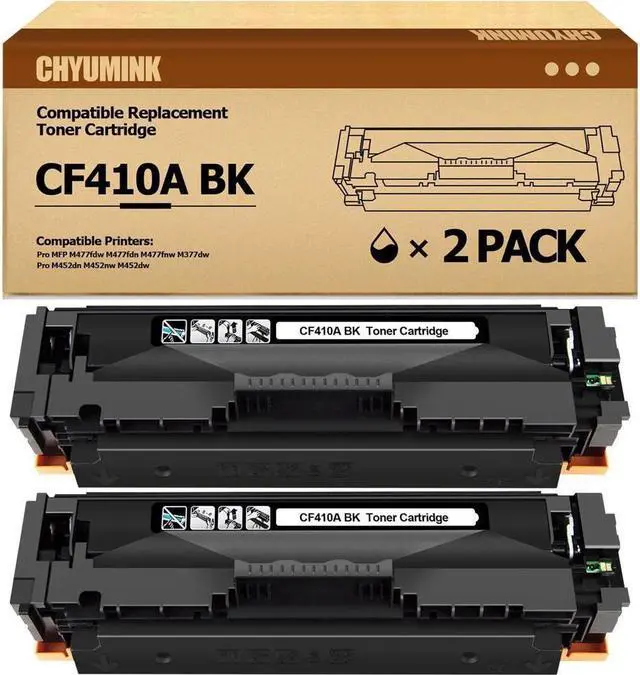 Main image of 2 Pack Replacement CF410A 410A Black Compatible Toner Cartridges for use with Color Pro MFP M477fdn M477fdw M477fnw M452dn M452nw M452dw M377dw Series Printer