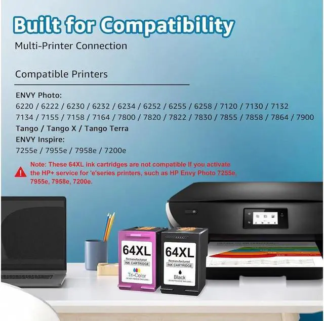 Alt view image 2 of 4 - 64XL Ink Cartridges Black and Color Replacement  64XL Ink Cartridge Combo Pack  Ink 64 XL Work with Envy Photo 7858 7855 7155 Envy Inspire 7255e 7955e Tango Series(1 Black, 1 Tri-Color)