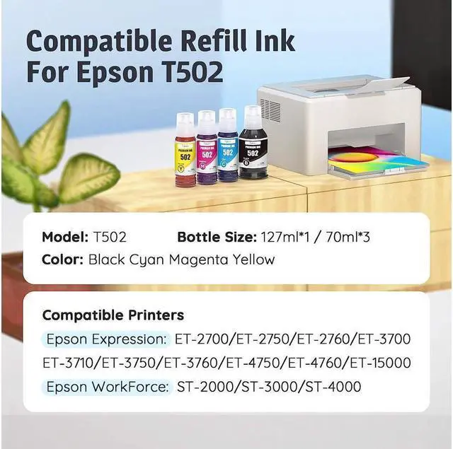 Alt view image 3 of 5 - Topkolor Compatible T502 502 Refill Ink Bottle Kit for ET-2760 ET-2750 ET-3750 ET-4760 ET-4750 ET-3760 ET-3710 ET-3700 ET-2700 ST-2000 ST-3000 ET-2803 Printer, 4-Pack