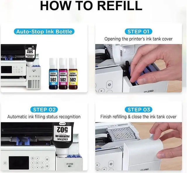 Alt view image 2 of 5 - FASTINK Compatible T502 502 Refill Ink Bottle Kit for ET-2760 ET-2750 ET-3750 ET-4760 ET-4750 ET-3760 ET-15000 ET-3710 ET-3700 ET-2700 ST-2000 ST-3000 ET-2803 Printer, 5-Bottle