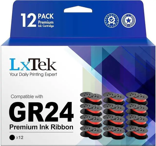 Main image of LxTek Replacement for GR24 Universal Twin Spool Calculator Ribbon use with Nukote BR80c, Sharp El 1197 P III, Porelon 11216, Dataproducts R3027 (Black/red, 12-Pack) Tray