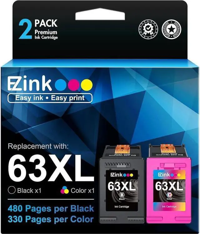 Main image of E-ZInk (TM) Remanufactured Ink Cartridge Replacement for 63XL 63 XL to use with Officejet 3830 5255 4650 3833 Envy 4520 Deskjet 1112 3637 3630 3634 Printer (1 Black, 1 Tri-Color)
