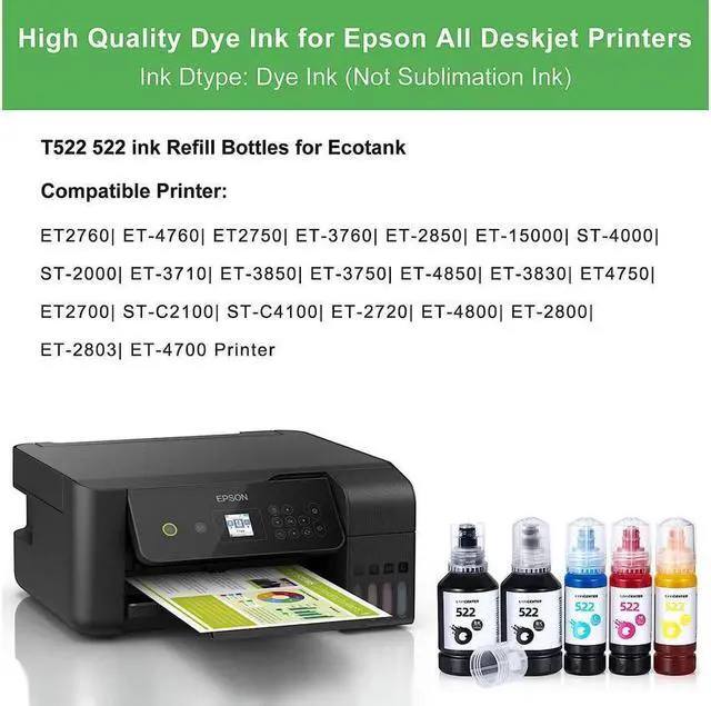 Alt view image 2 of 4 - OFFICENTER T522 522 Ink Refill Bottles for Ecotank ET-2760 ET-4760 ET-2750 ET-2720 ET-3760 ET-2850 ET-15000 ET-2800 ET-4700 ST-4000 ST-2000 ET-3710 ET-5880 ET-3850 ET-3750 ET-2803 Printer (2BK C M Y)