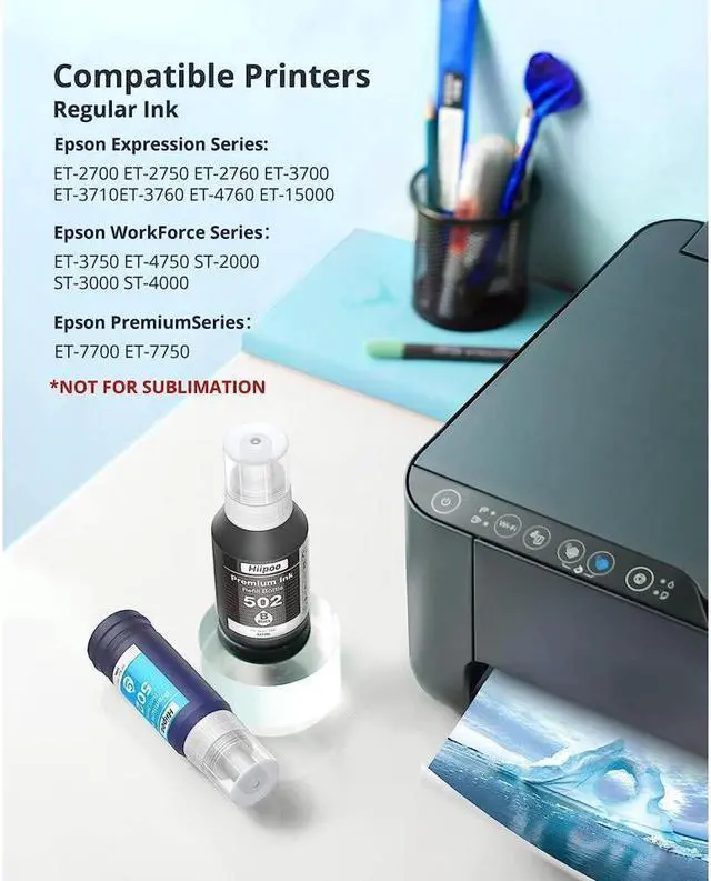 Alt view image 2 of 5 - Hiipoo Compatible T502 502 (Not for Sublimation) Ink Refill Bottles for Ecotank ET-2750 ET2760 ET-2803 ET-3750 ET-4750 ET-3760 ET-4760 ET-2850 ET-4850 ET-3700 ET-3710 ET-15000 ET-2800 ST-4000 Printer
