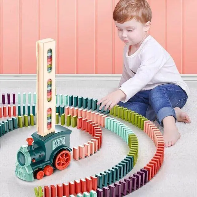 Alt view image 2 of 7 - Kids Electric Domino Train Car Sound &Light Automatic Laying Dominoes Brick toy 100pcs Domino