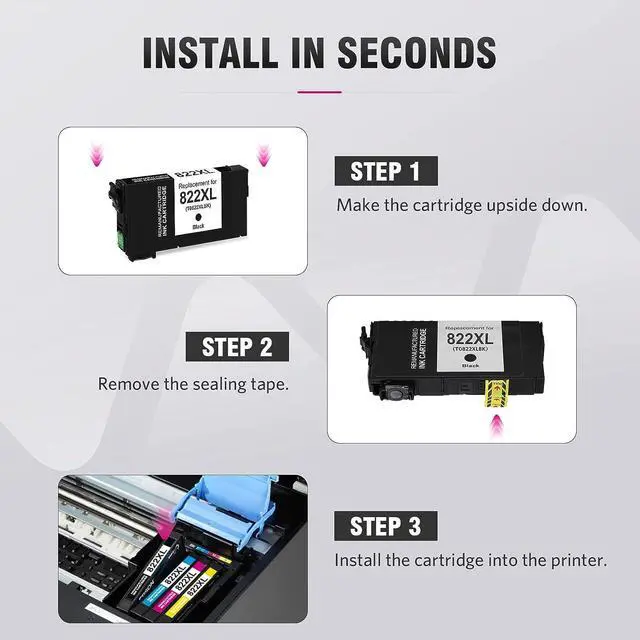 Alt view image 3 of 6 - ALLWORK New Version Remanufactured 822XL Ink Cartridges Replacement for Epson T822XL 822 T822 Ink for Workforce Pro WF-3820 WF-4820 WF-4830 WF-4833 WF-4834, Black Cyan Magenta Yellow 4-Pack