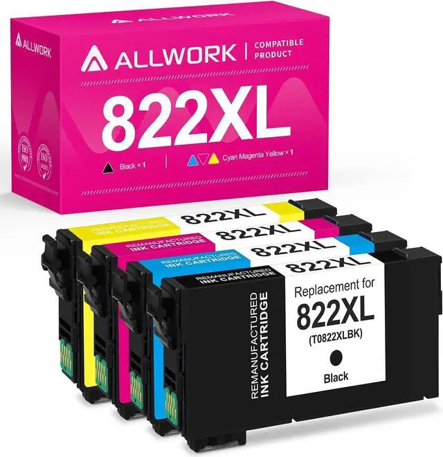 Main image of ALLWORK New Version Remanufactured 822XL Ink Cartridges Replacement for Epson T822XL 822 T822 Ink for Workforce Pro WF-3820 WF-4820 WF-4830 WF-4833 WF-4834, Black Cyan Magenta Yellow 4-Pack